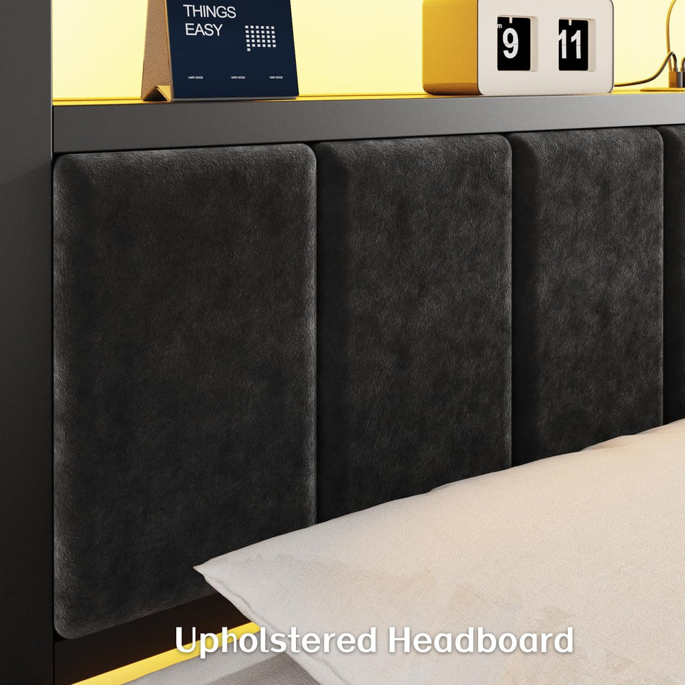 OLEVS Full Bed Frame with LED Lights & Charging Station Modern Platform Bed