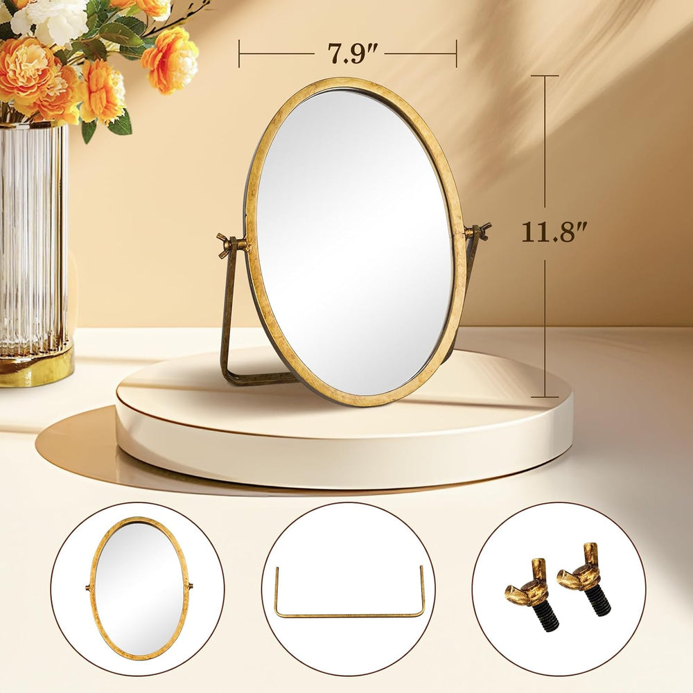 Oval Small Vintage Desk Mirror, Antique Gold Vanity Table Mirror