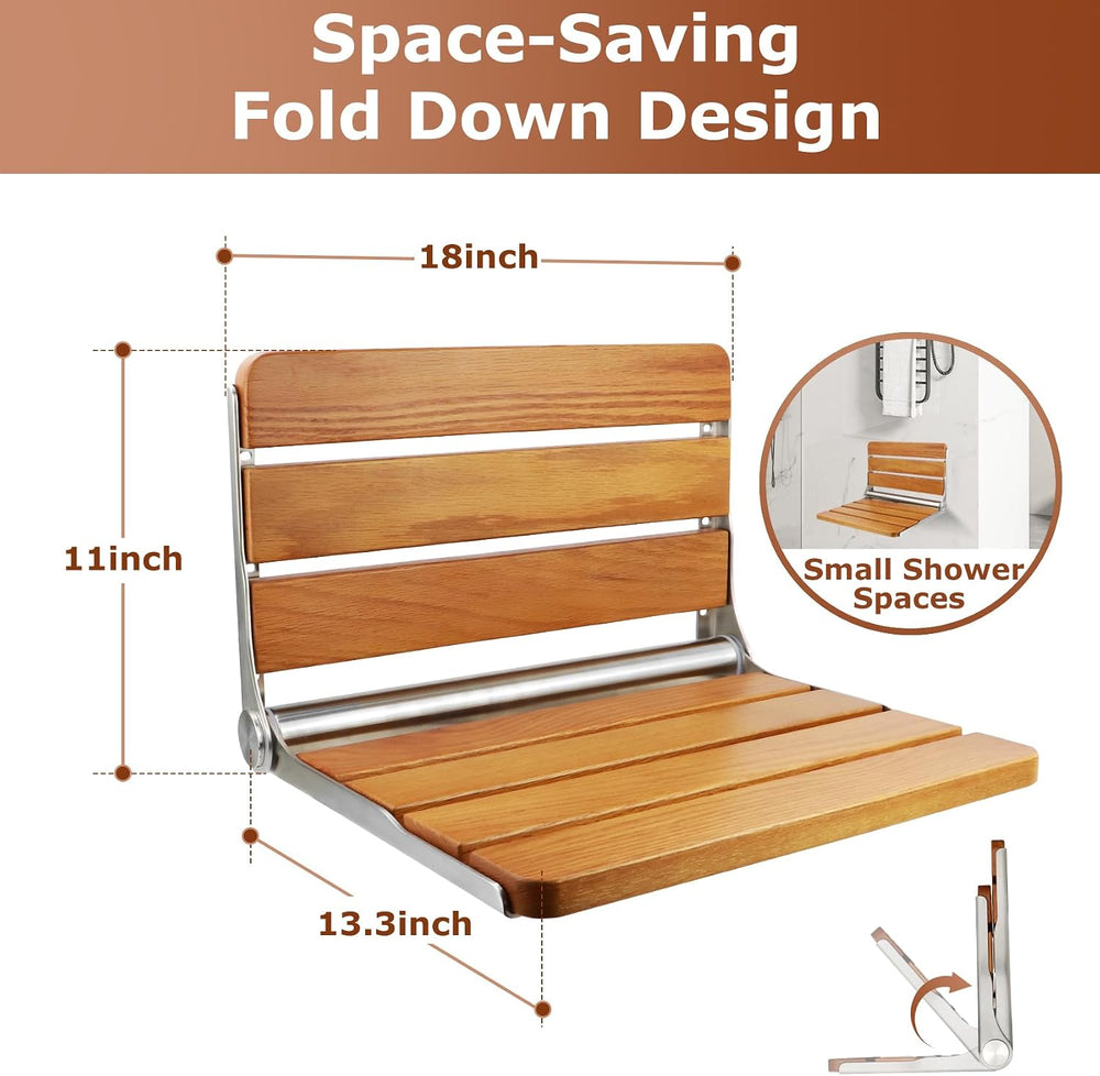 Foldable Shower Seat Wall Mounted 18 in Wide, Teak Bench for Small Shower