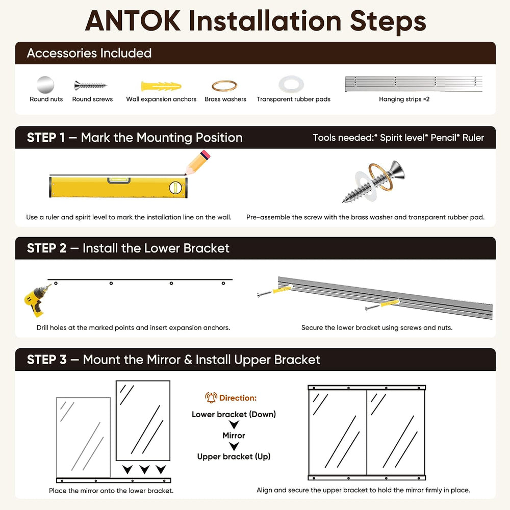 Antok Home Gym Mirror 60"x40" 2PCS, Wall‑Mounted Gym Mirror
