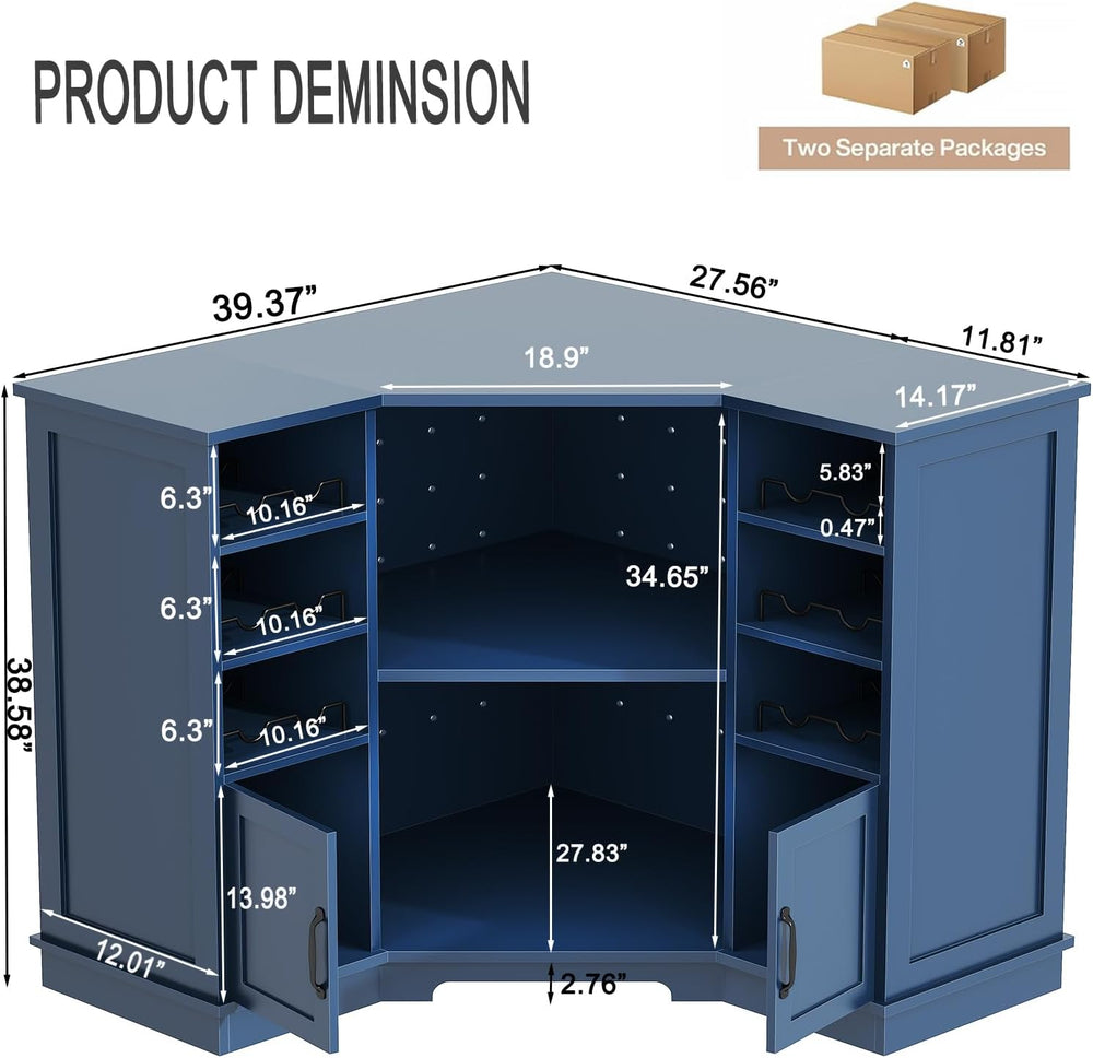 HSH 40" Corner Bar Cabinet with Fridge Space, L Shape Wine Cabinet, Blue
