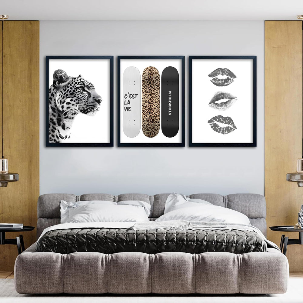 Framed Stockholm Style Canvas Wall Art Set of 3 Black and White Fashion Leopa...