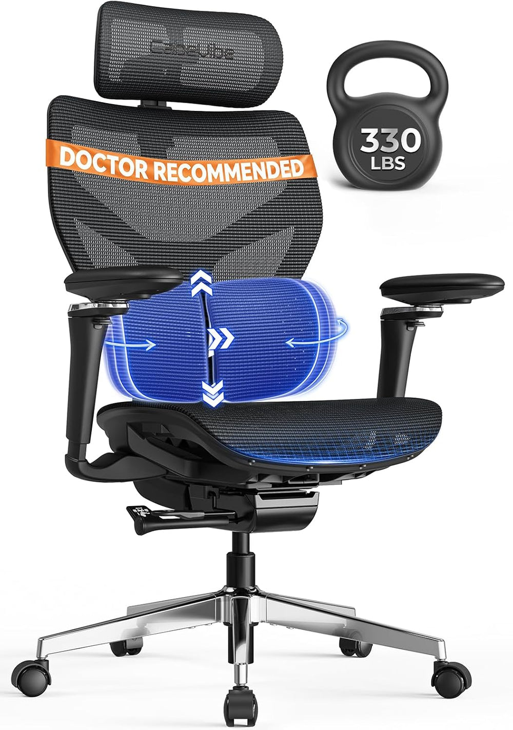 Ergonomic Mesh Office Chair - 10 Hours Comfort Dual Lumbar Support, 330lbs