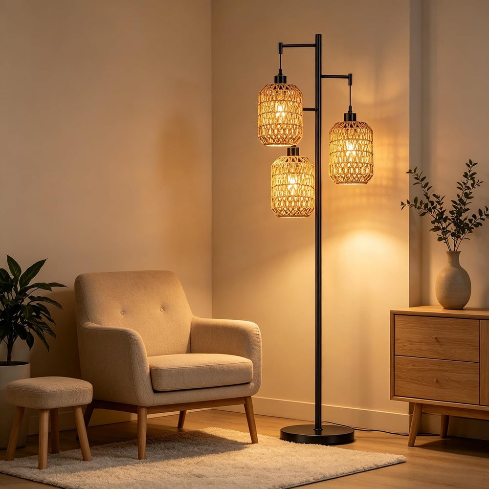 QIYIZM Floor Lamp for Living Room,Bedroom,3-Lights Boho Rattan Tree Floor Lig...
