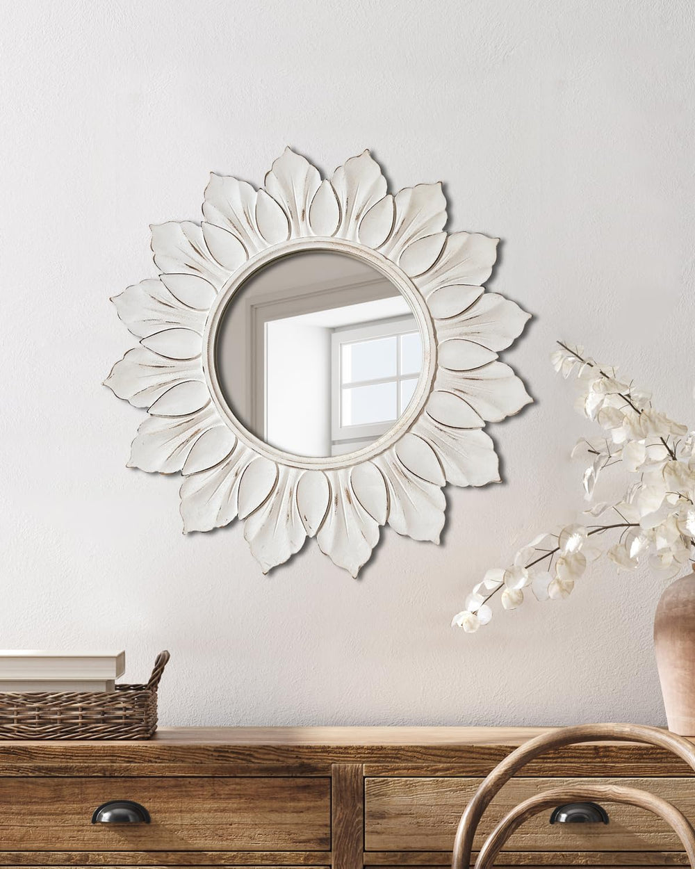 Sunflower Sunburst Wall Mirror, 22" Distressed White Wooden Frame