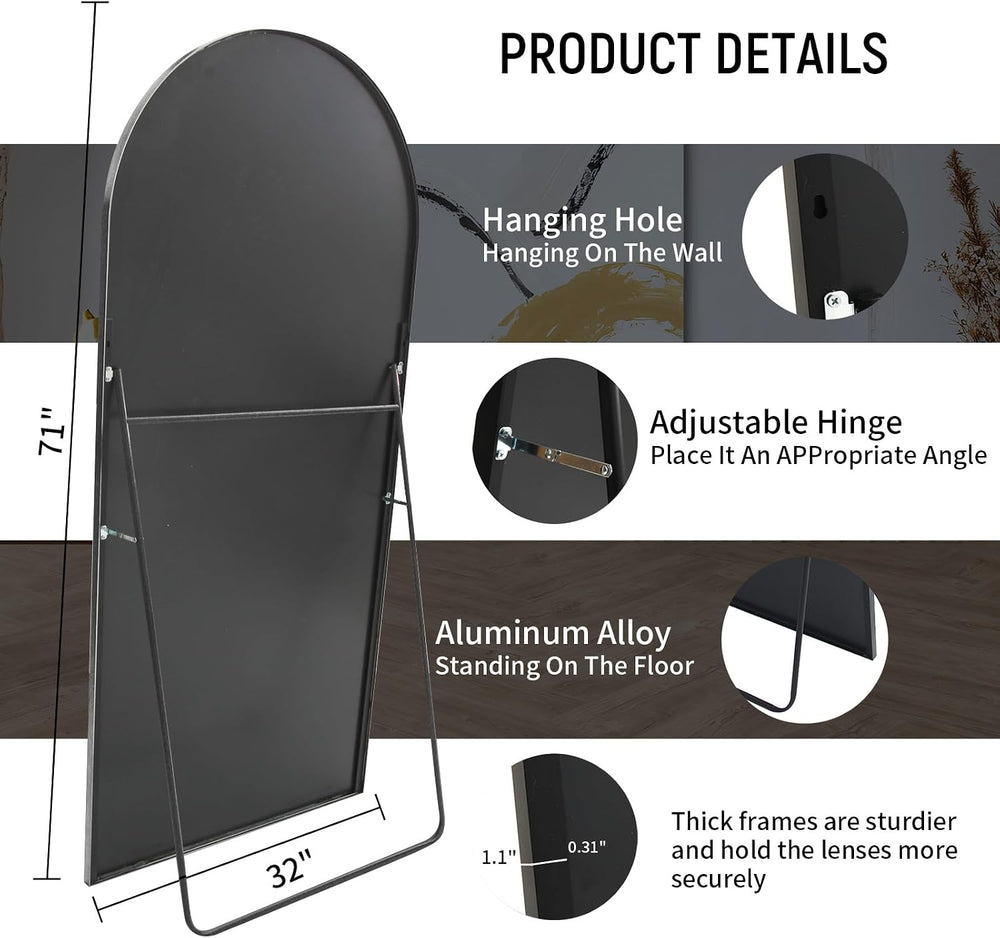 Beauty4U 71" x 32" Arched Full Length Mirror with Stand, Black Floo...