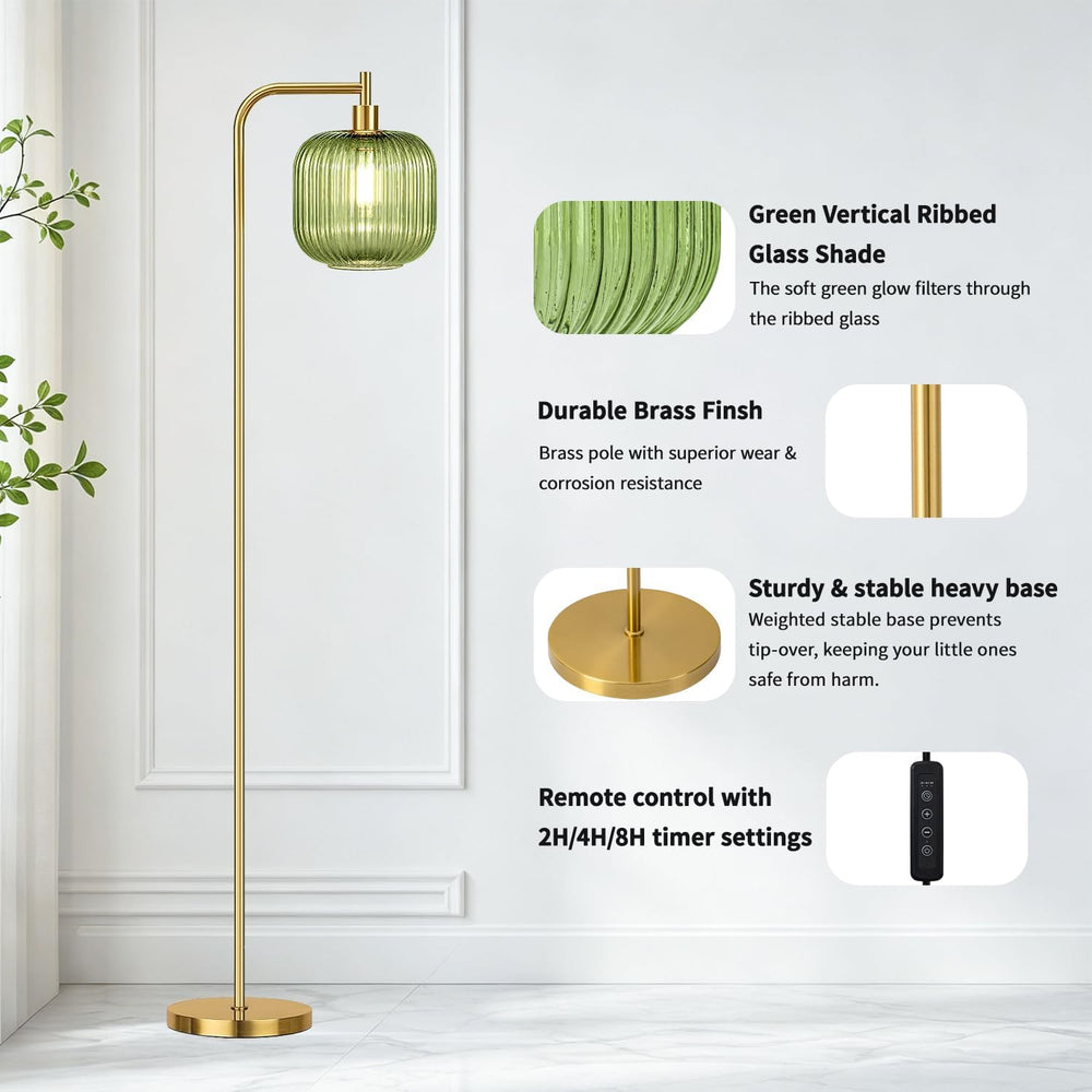 Green Glass Floor Lamp, 67" Tall Reading Lamp, Touch Control,2H/4H/8H Timer