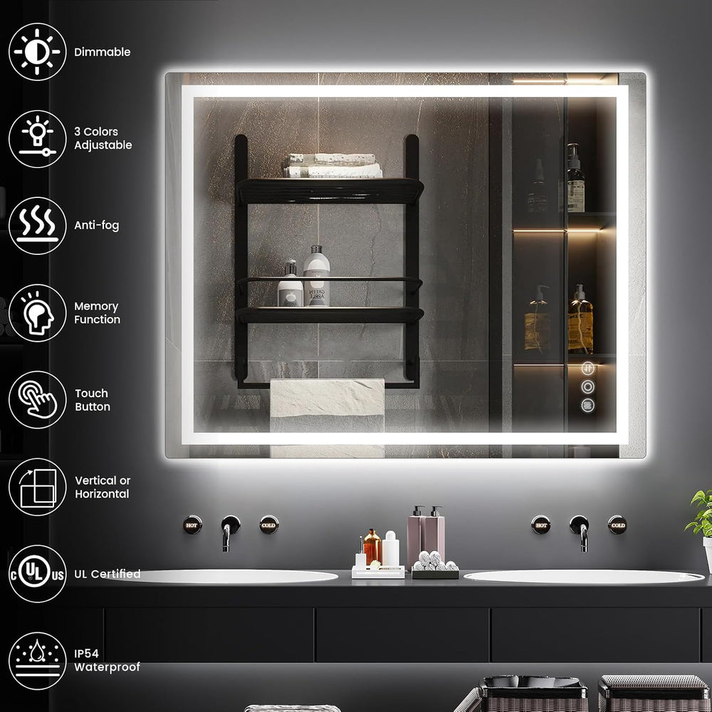 Memobarco 32" x 40" LED Bathroom Mirror with Lights, Memory Vanity ...