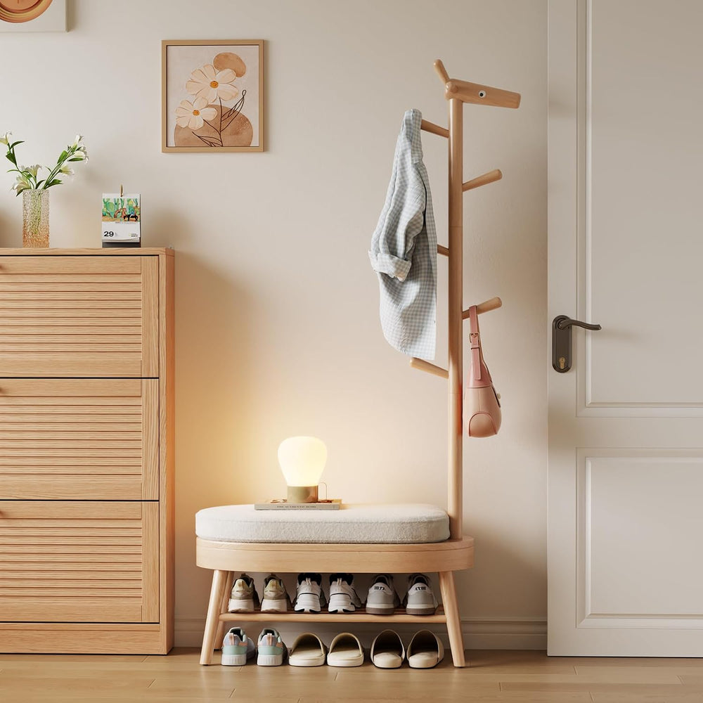 AQIMUELE Shoe Bench with Coat Rack, Shoe Rack with 9 Hooks, Natural