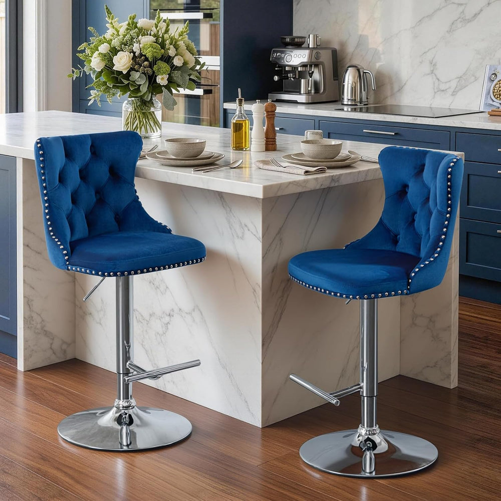 Velvet Bar Stool Set of 2, Adjustable Swivel Bar Stools with Silver Plated Me...