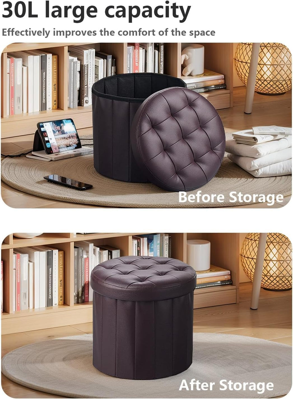 Bsketa Round Storage Ottoman, 14" Folding Leather Foot Rest, Brown 2 Pack