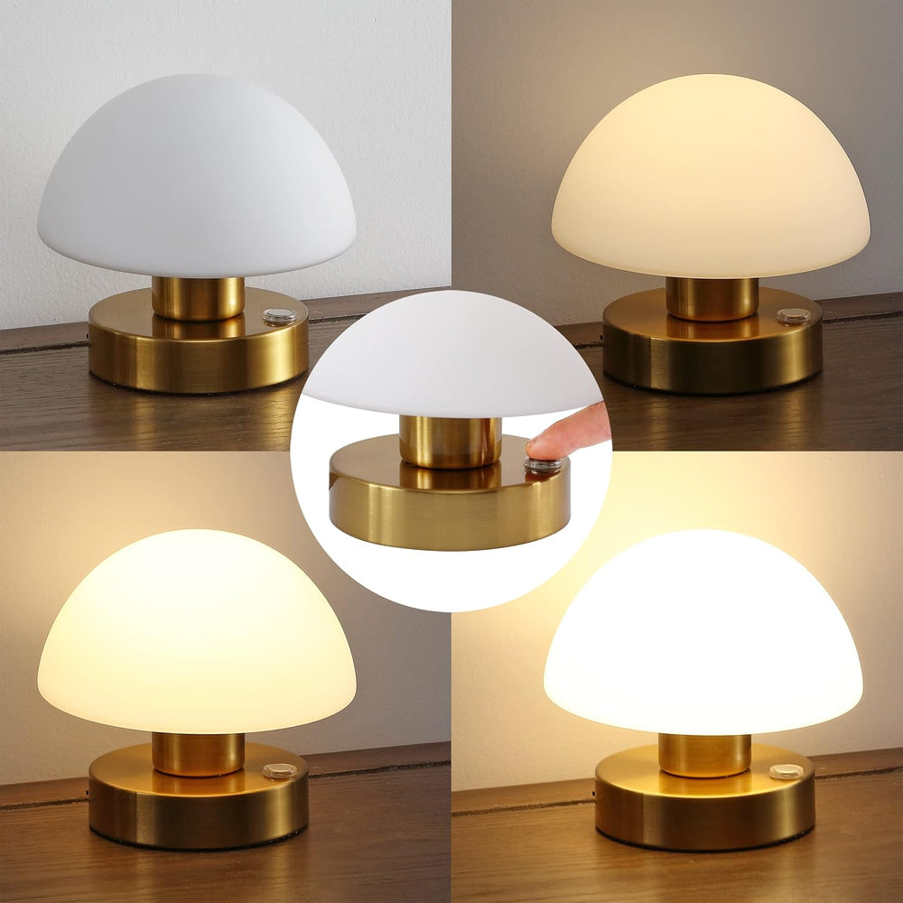 JONATHAN Y Zoe 5.75" Rechargeable Mushroom LED Lamp, Brass Gold/White