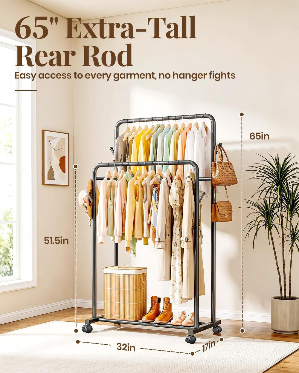 Delamu Clothes Rack Double Rods, Black, 65''Hx32''W