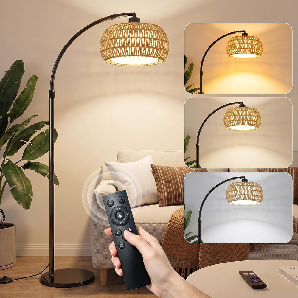 Arc Floor Lamp for Living Room, Rattan Floor Lamp with Remote Control