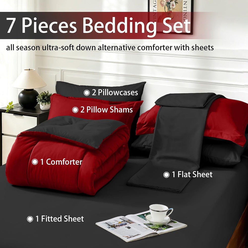FUANNA Queen Comforter Set 7 Pieces, Reversible Bed Set, Soft Bed in a Bag