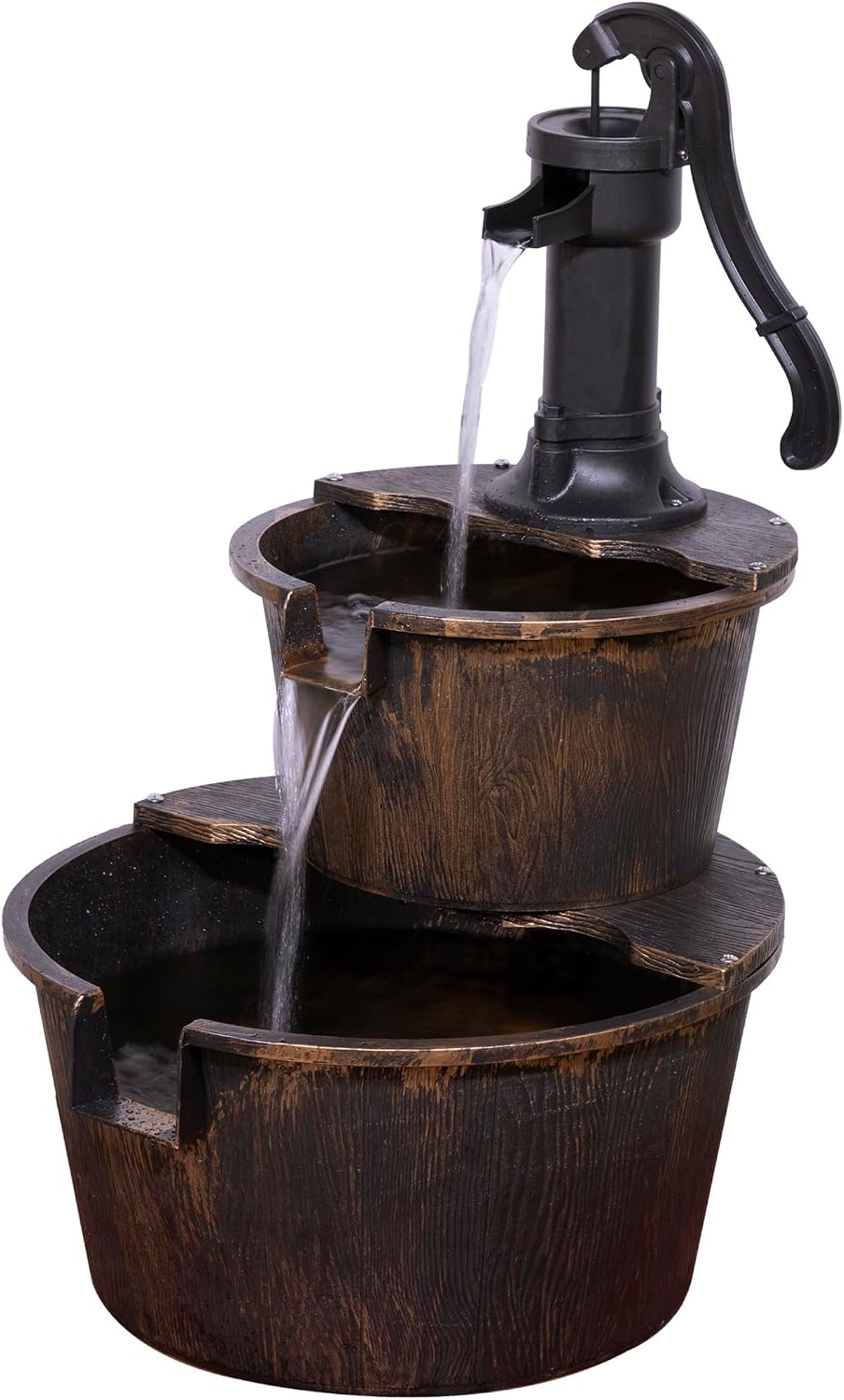 Alpine Corporation 27" Tall Rustic Outdoor 2-Tier Barrel Pump Water Foun...