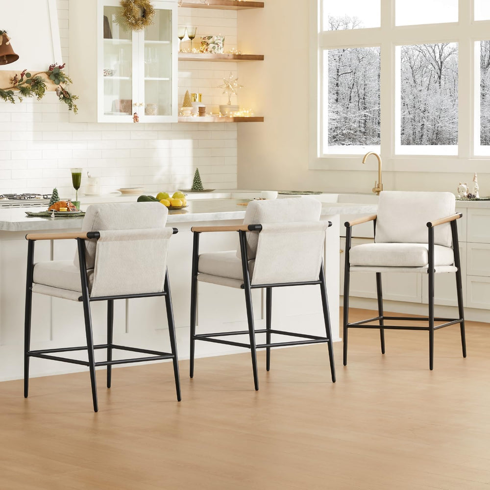 Watson & Whitely Mid Century Modern Barstools Set of 2, Fabric in Beige