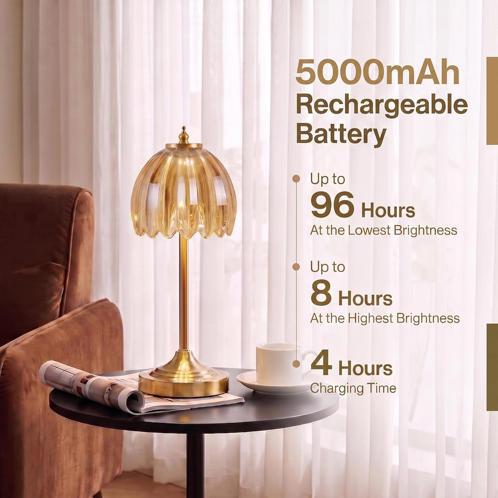 Tulip Glass Rechargeable Table Lamp, Floral Cordless Table Light(Amber)
