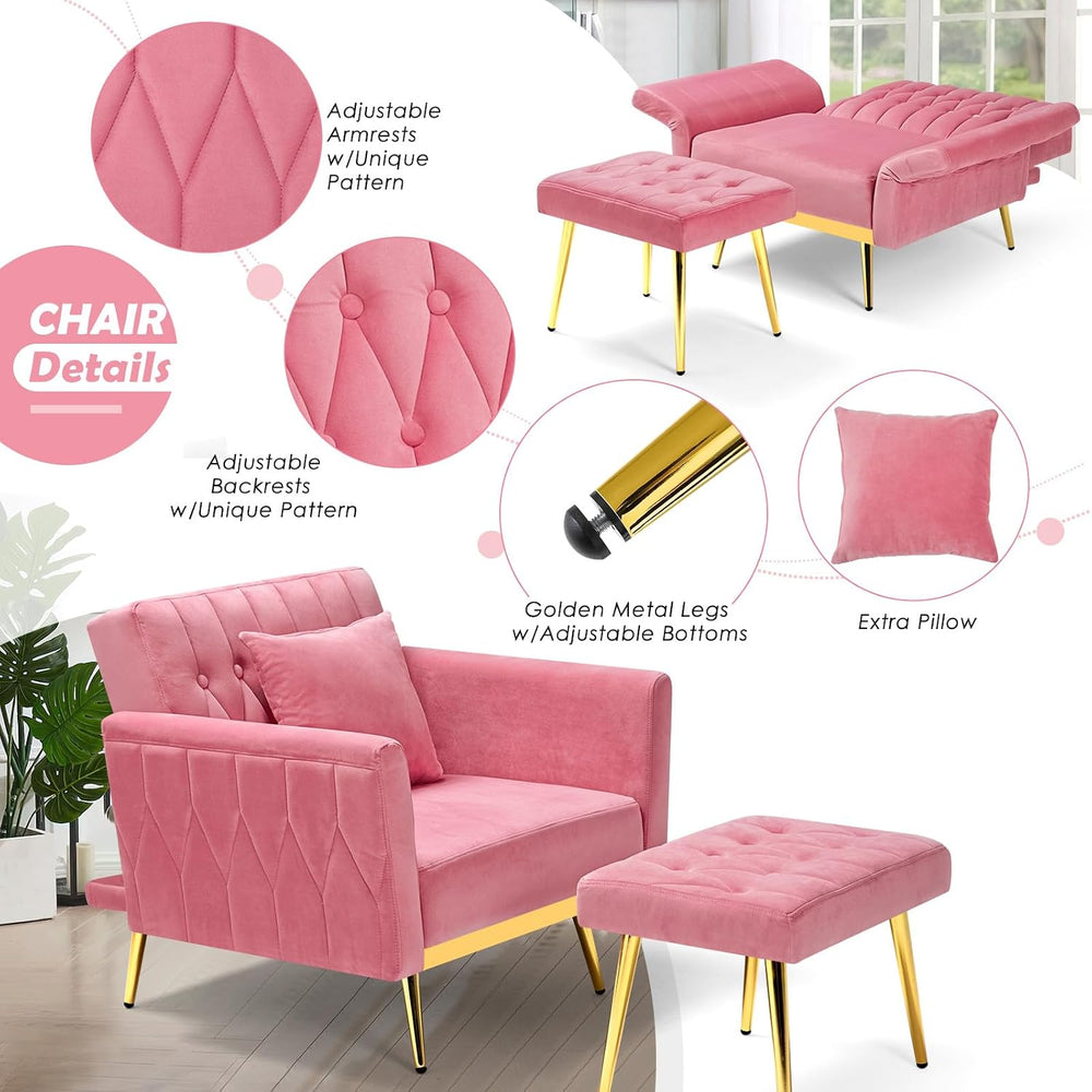 Velvet Accent Chair w/Adjustable Backrest & Armrests, Pink
