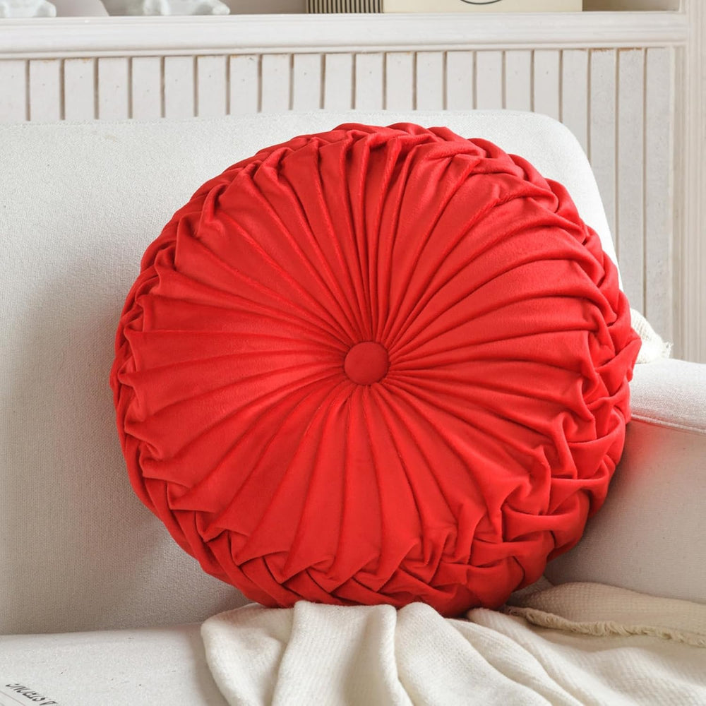Teieas 2 Pcs Round Throw Pillows Decorative Velvet Pleated Pillow Red