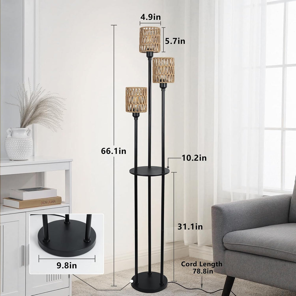 Boho Floor Lamp with Shelves, 3-Lights Farmhouse Tall Floor Lamp with ON/Off ...