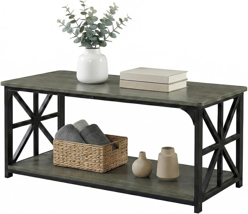 COSTWAY 43" 2-Tier Industrial Coffee Table with Storage, Grey Oak+Black