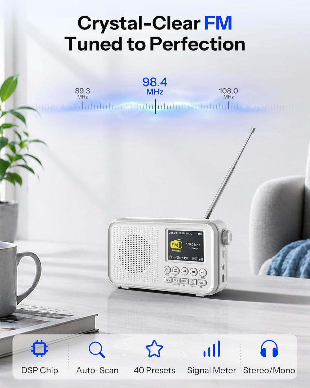 Portable FM Radio with Bluetooth, 3000mAh Rechargeable, NOAA Weather Alert