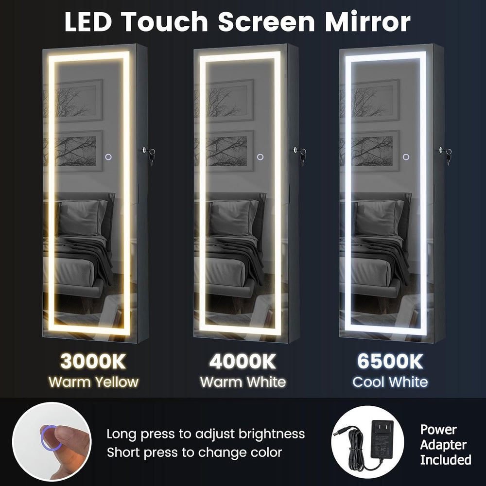 CHARMAID LED Mirror Jewelry Cabinet, Wall or Door Mounted, Black