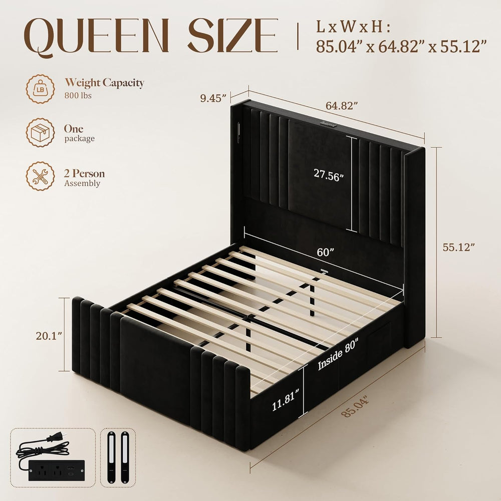 55" Tall Queen Size Platform Bed Frame with 2 Reading Lights, Black