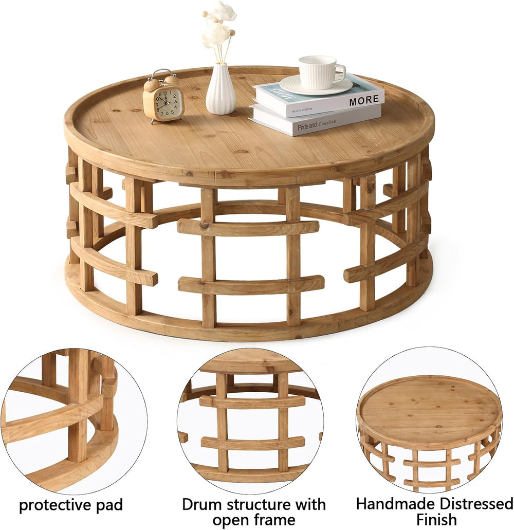 RUSTOWN Farmhouse Round Coffee Table, Boho Handcrafted Wooden Tables