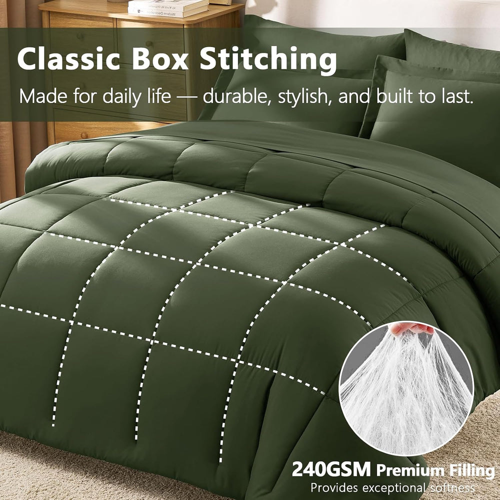 CozyLux King Size Comforter Set, 7-Piece Bed in a Bag, Olive Green