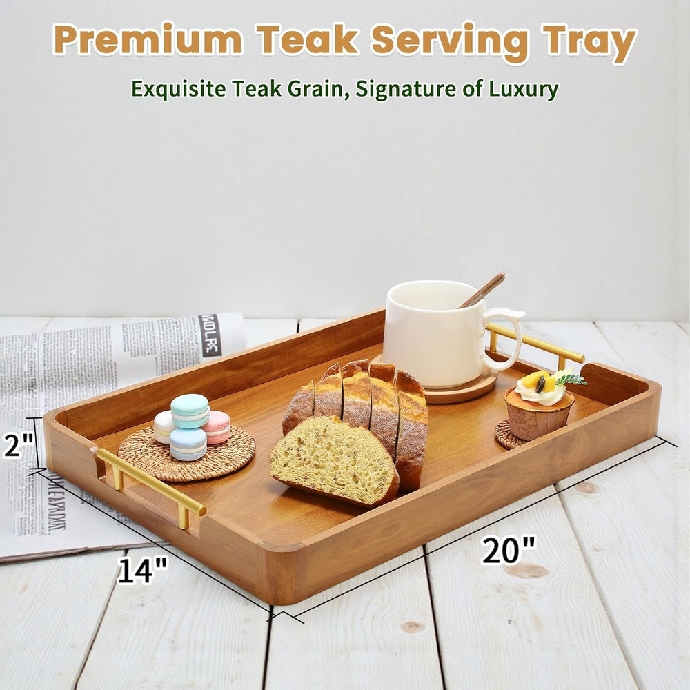 Solid Teak Wood Serving Tray with Handles, 20 x 14 Inch
