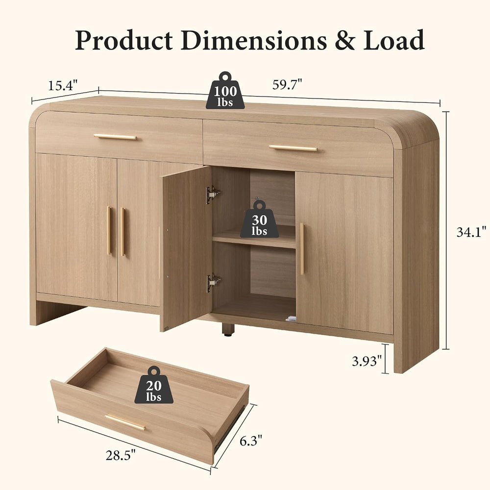 59" Sideboard Buffet Cabinet with Storage, 4 Doors Wood Cabinet Natural Oak