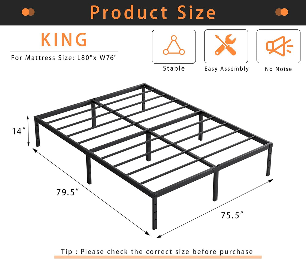 King Size Metal Platform Bed Frame 14 Inch Tall, No Box Spring Needed, Heavy ...