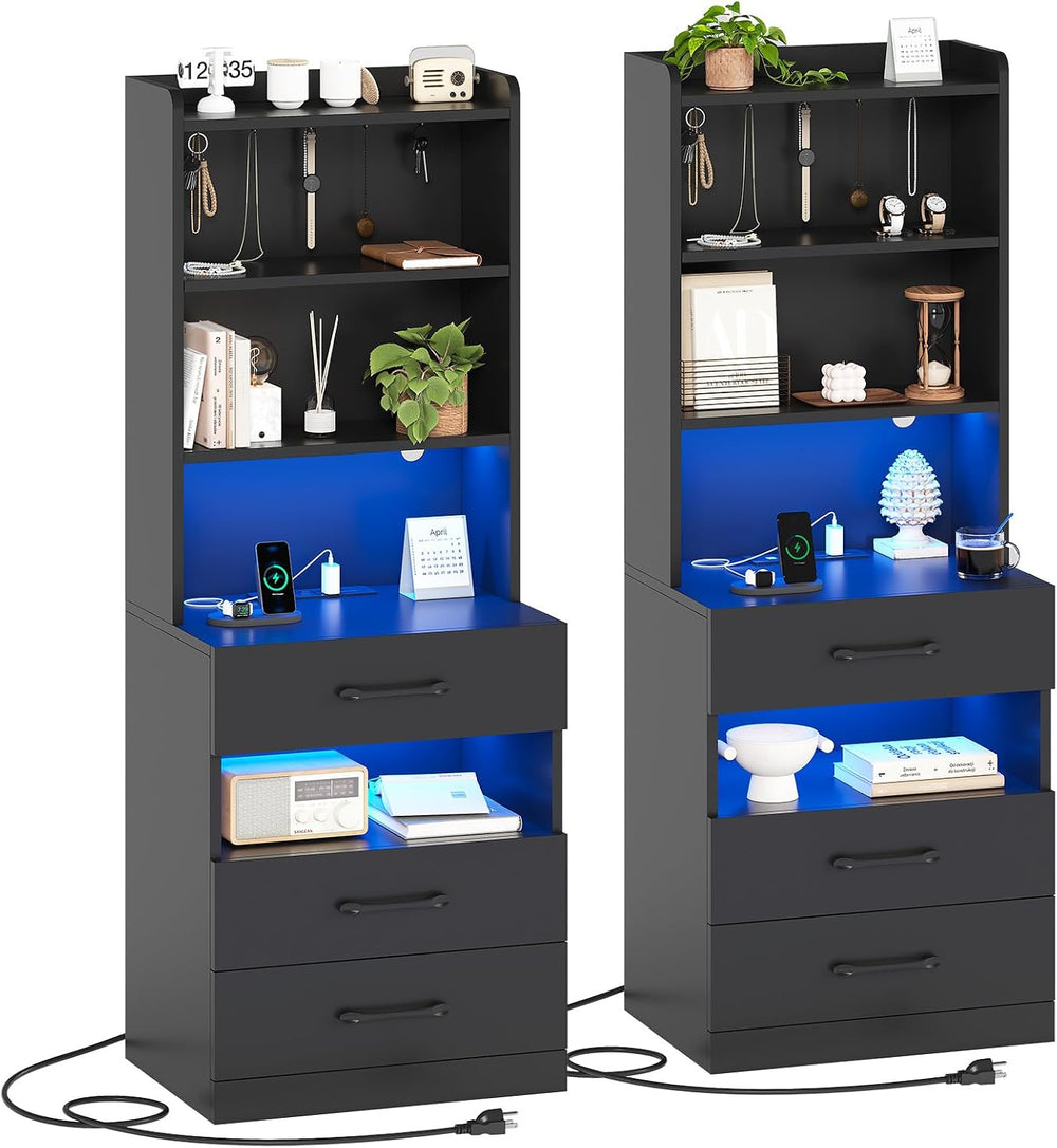 AOGLLATI Tall Night Stand Set of 2 with Charging Station and LED Lights, Blac...