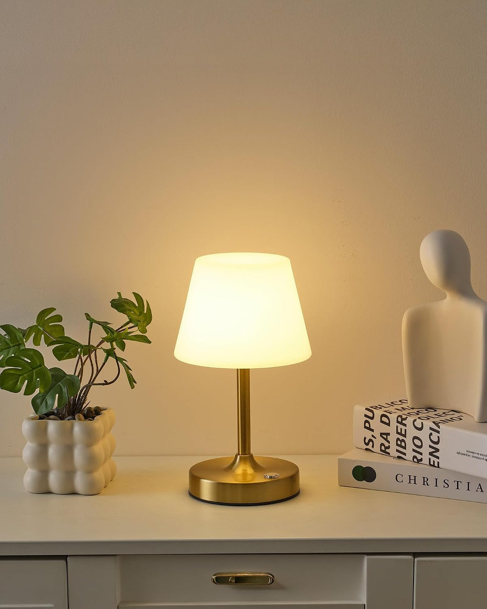 PUSU Cordless LED Gold Small Table Lamp, Waterproof Shower Desk lamp