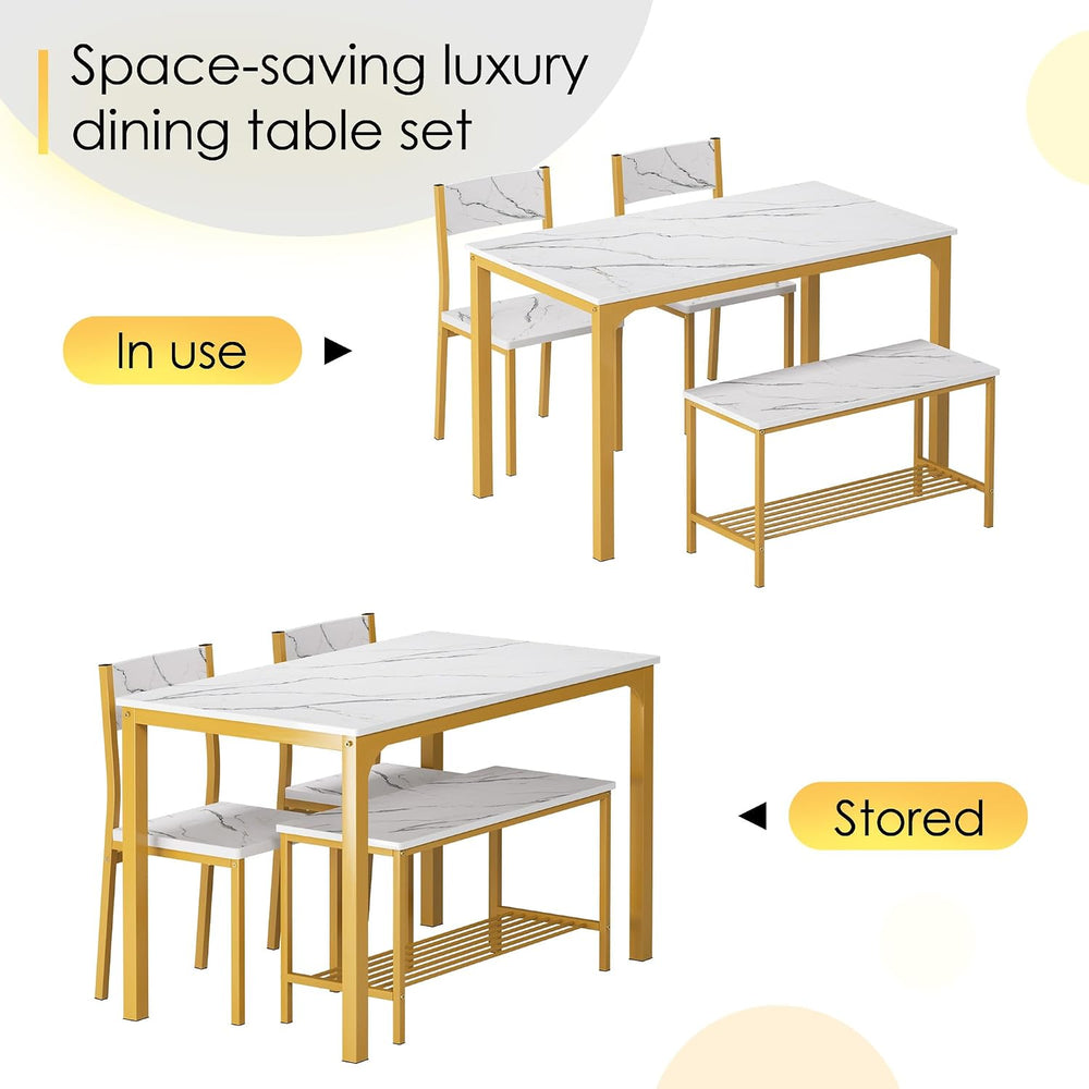 soges Kitchen Table Set for 4, Nesting Table with 2 Chairs & Bench, Marble