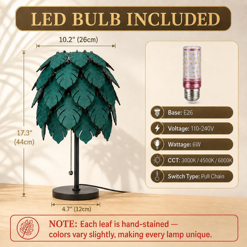 DIY Wood Monstera Table Lamp for Bedroom, Dimmable Lamp with Pull Chain
