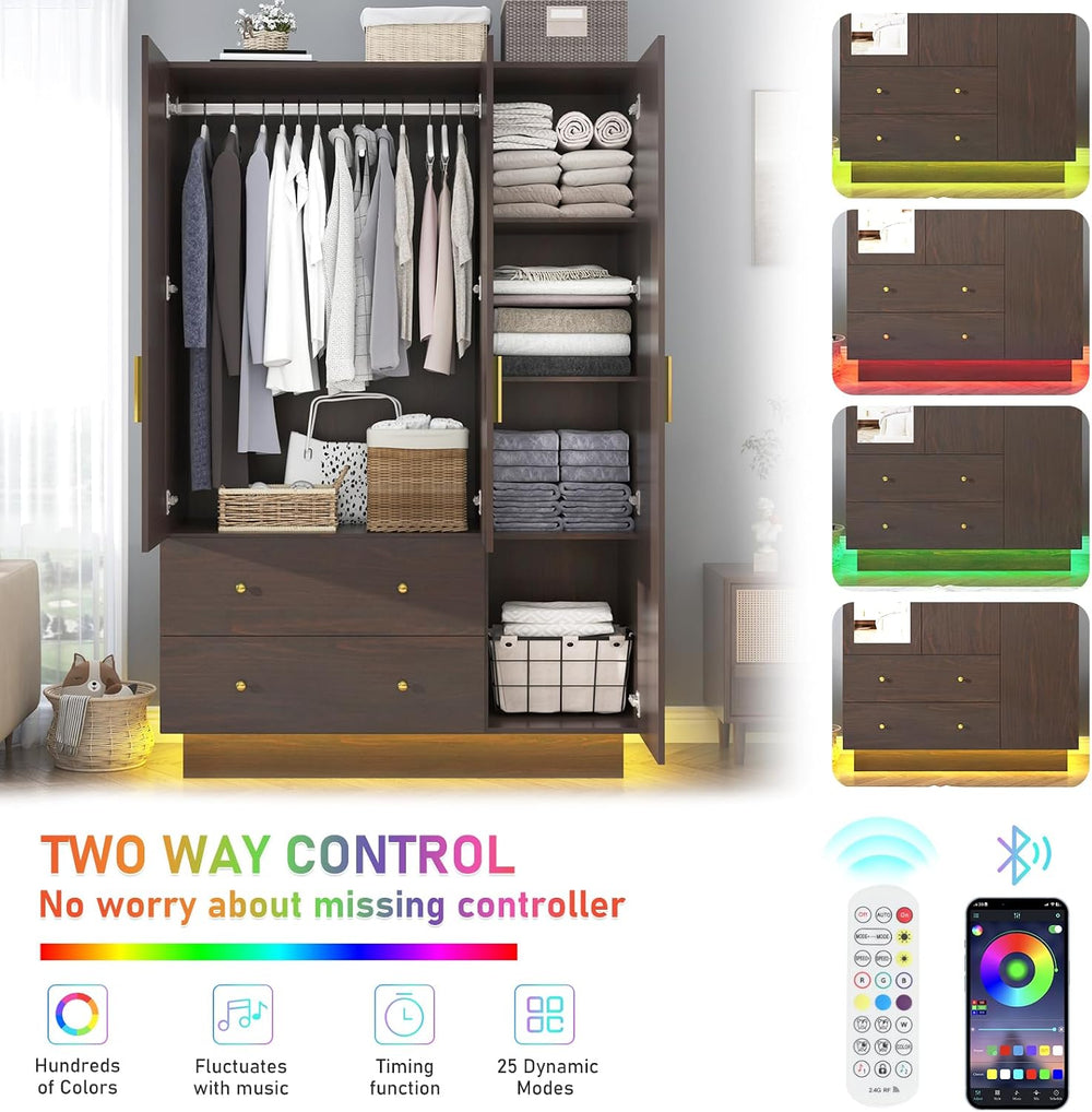 jiteentarou 3 Door Wardrobe Closet with Mirror & LED Lights, Bedroom Armo...