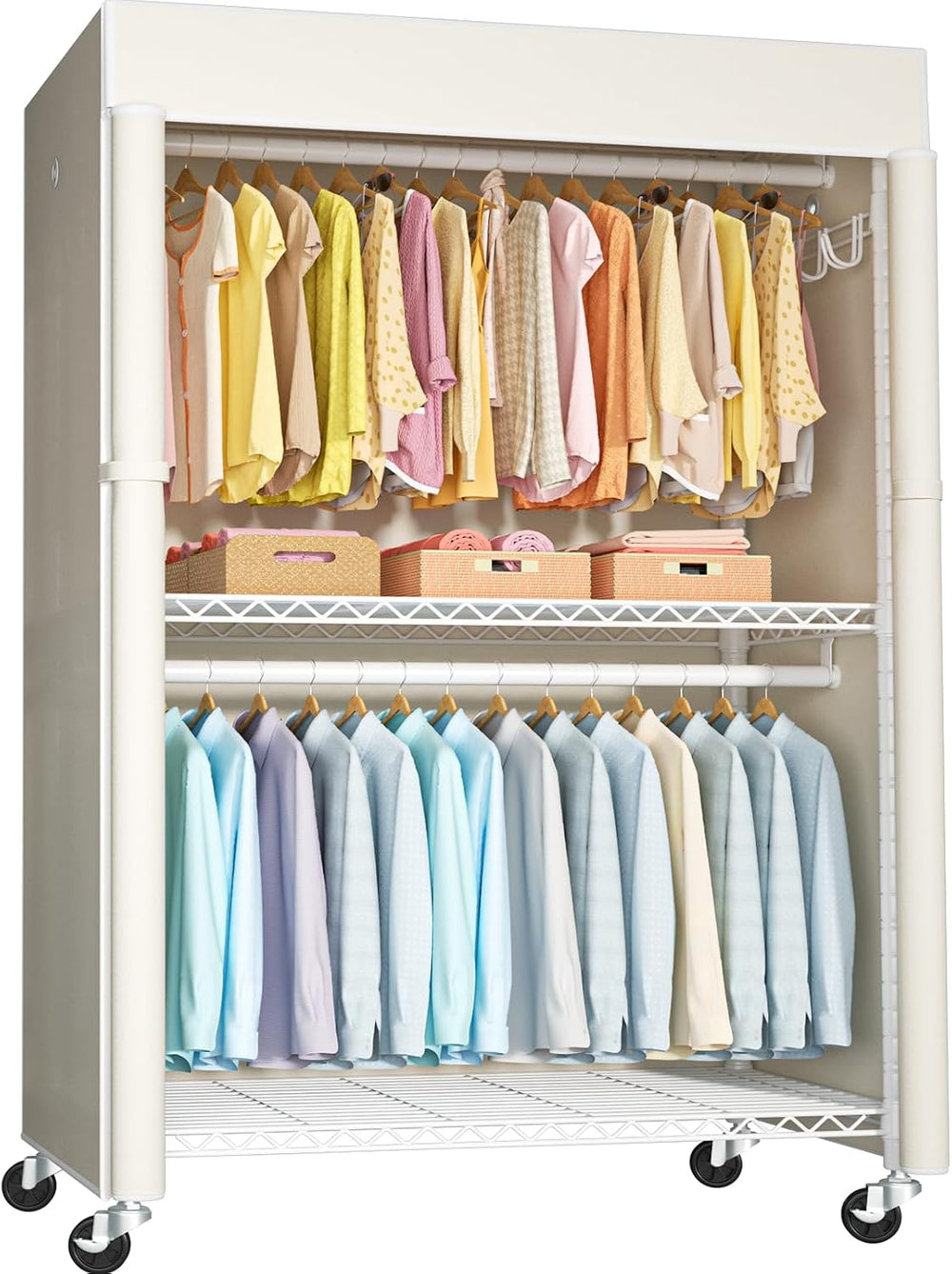 FUTASSI White Clothing Rack with Beige Cover, P1C Plus Rolling Closet
