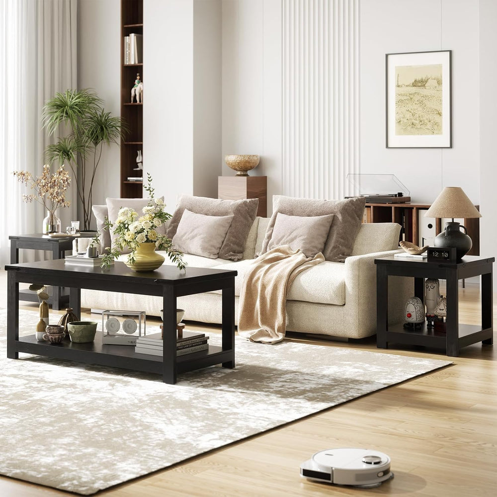Homieasy 3-Piece Living Room Table Set: Coffee Table & 2 End Tables, Black