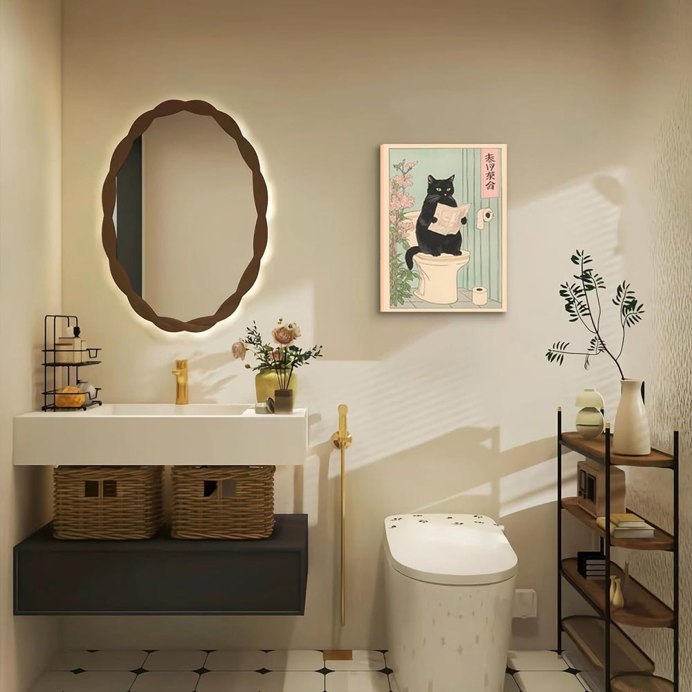 Funny Bathroom Canvas Wall Art Set of 3, Japanese Funny Black Cat Wall Decor ...