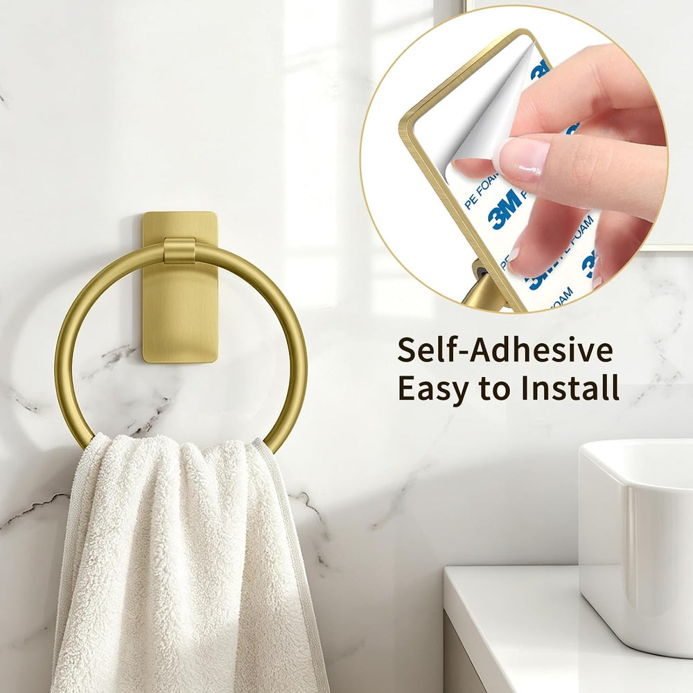 STWWO Gold Towel Ring for Bathroom, Adhesive Hand Towel Holder, 2 Pack