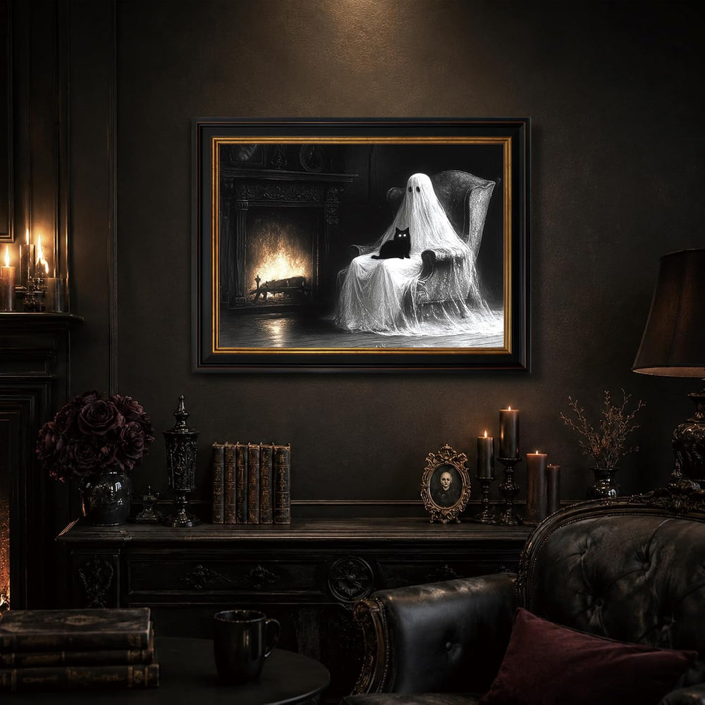 Ghost and Black Cat Framed Canvas Art, Gothic Halloween Wall Decor