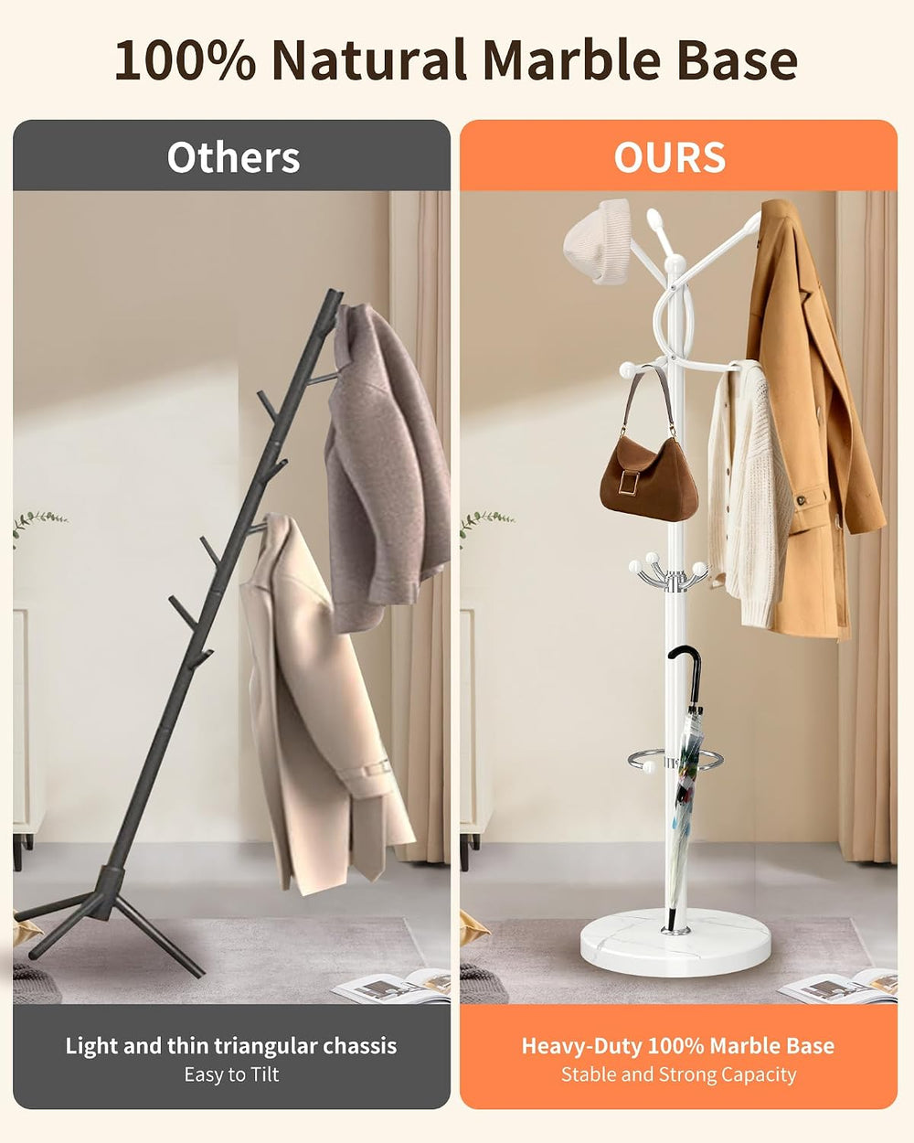 ZOZOE Coat Rack Stand with 10 Hooks Marble Base & Umbrella Holder