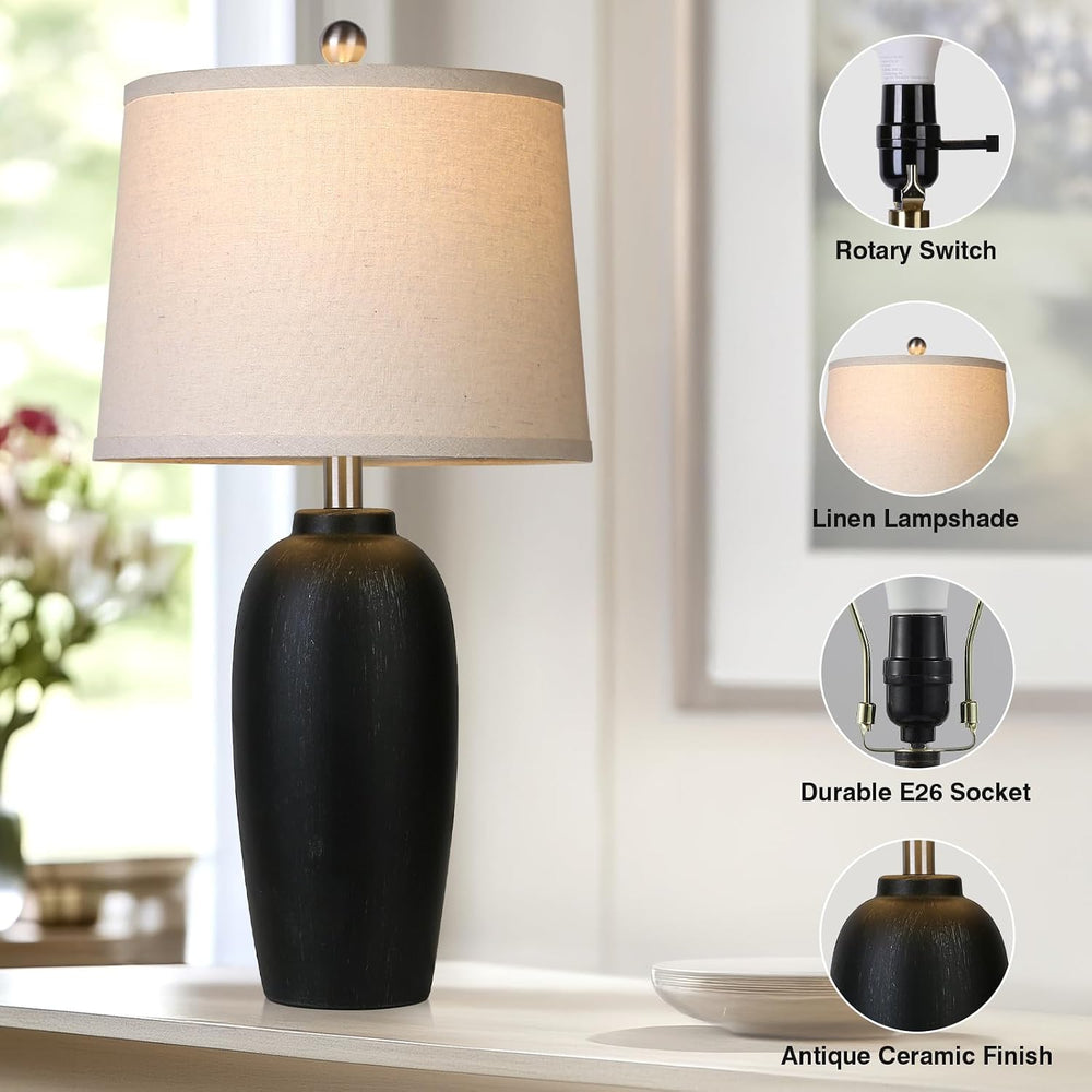 Jar Table Lamps Set of 2, 25" Ceramic Bedside Lamps for Living Room, Bla...