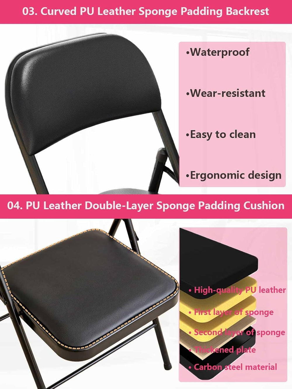 2 Pack Folding Chairs with Leather Padded Cushion and Back Metal