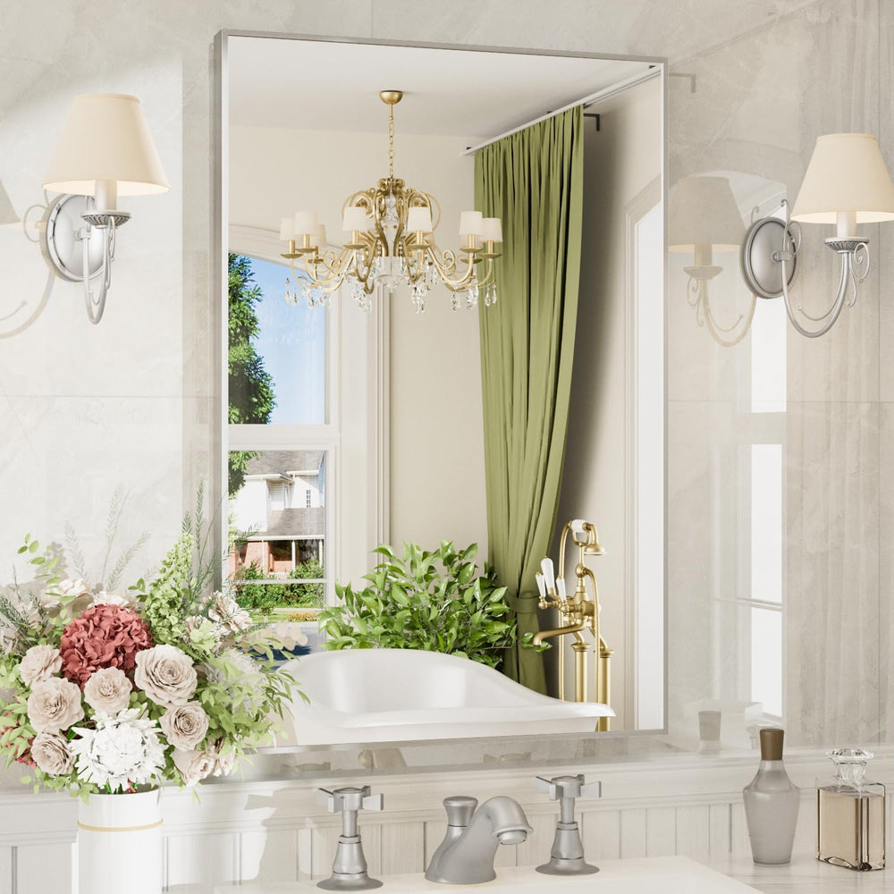 24"x32" Nickel Rectangle Bathroom Mirror for Over Sink, Wall Mounted