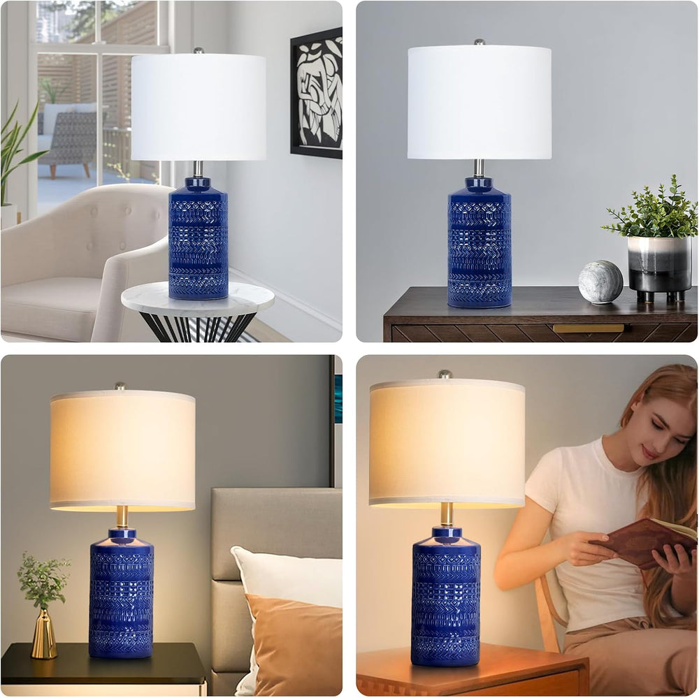 JUNNAI 24.5" Navy Blue Table Lamp Modern Bedside Ceramic Lamps for Livin...