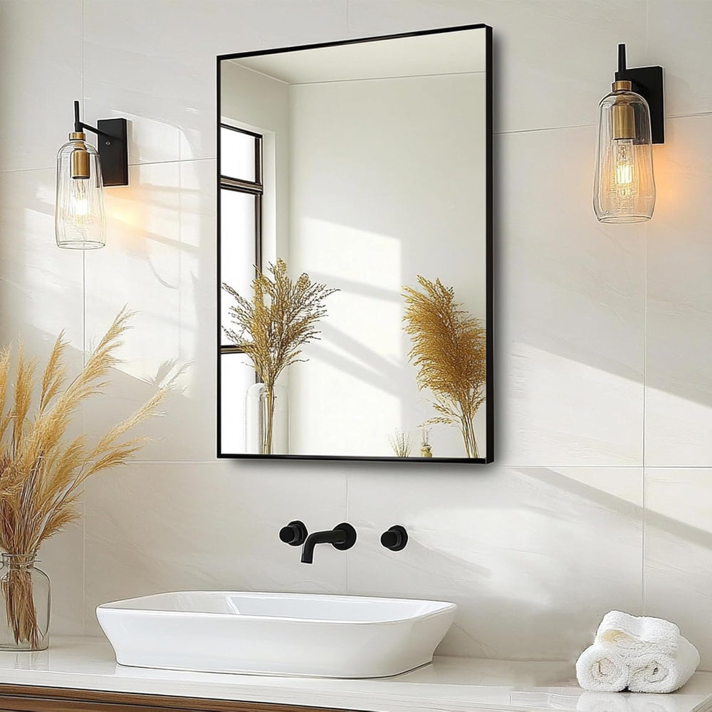 Sunniry Bathroom Vanity Mirror, 16x24 inch Black Wall Mirror, Metal Frame